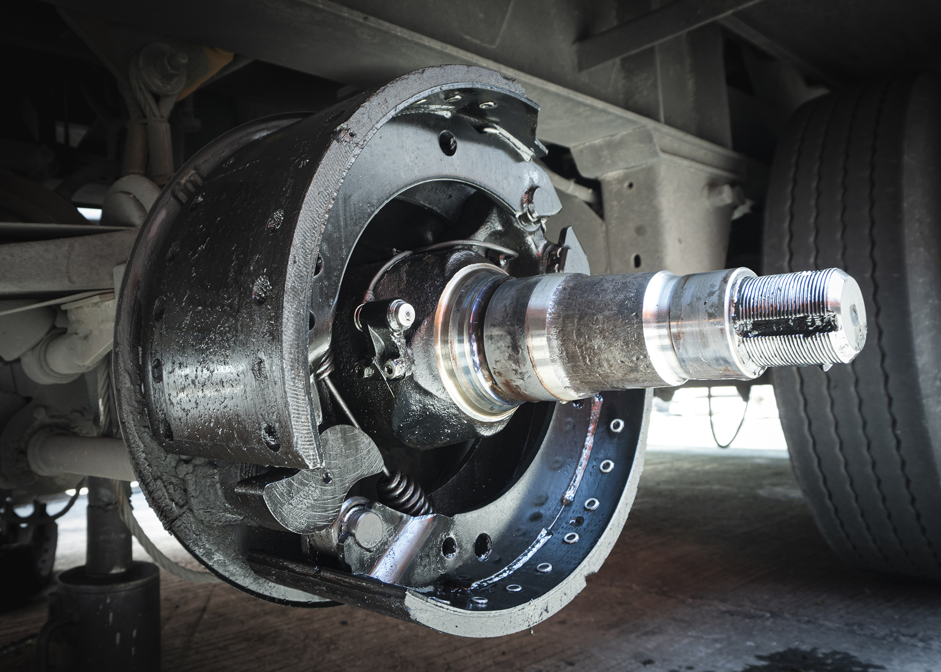 Brake pads of a truck trailer for repairing to change. truck brakes