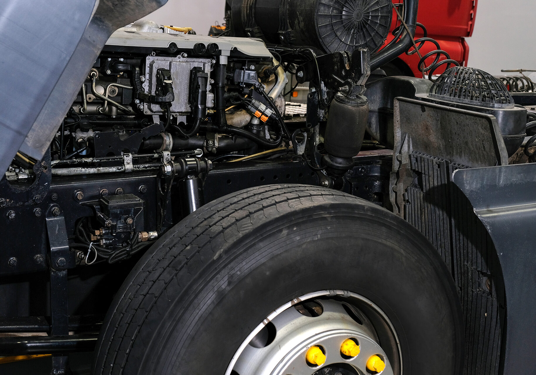 Truck repair in a car service, car cabin close up. Technical inspection of the car at the service center truck engine